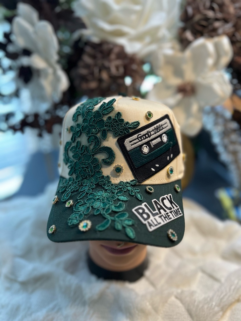 Embroidered Green & Cream 'Black All The Time' Baseball Cap